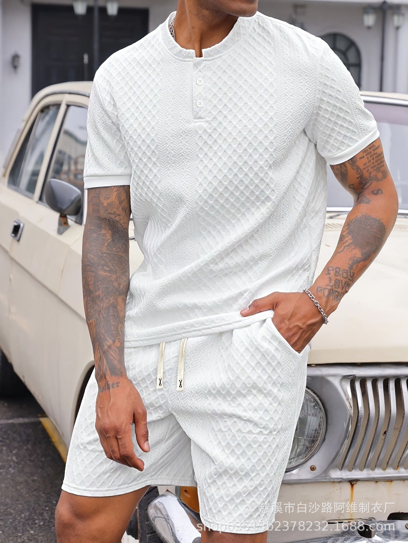 Men's Clothes Summer Wear Jacquard Walf Checks Fabric Short Sleeve Shorts Suit