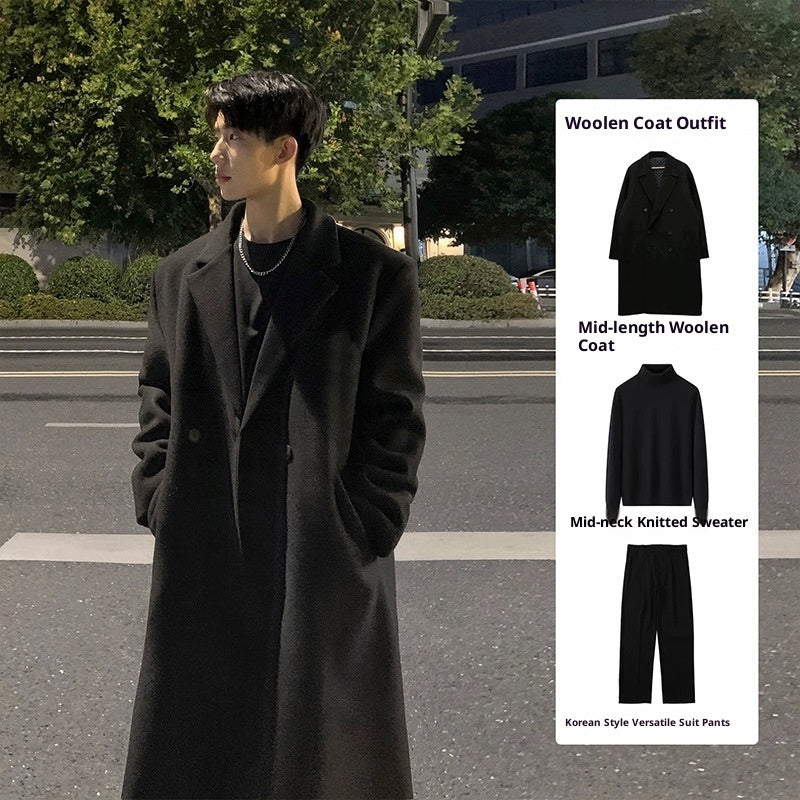 Mid-length Thick Loose Below The Knee Korean Style Trench Coat Suit Woolen Coat