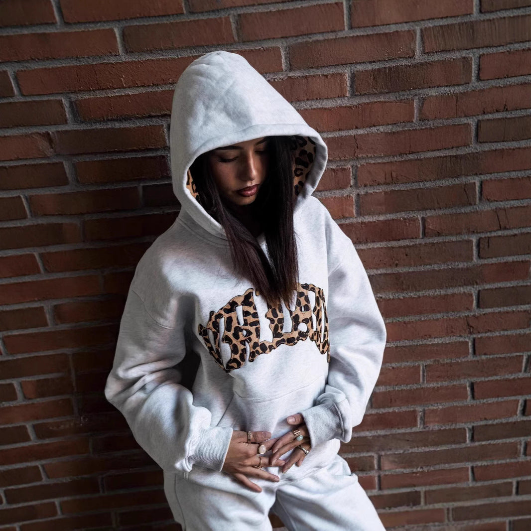 Leopard Print Letter Embroidery Street Casual Trousers Men And Women All-match Hoodie