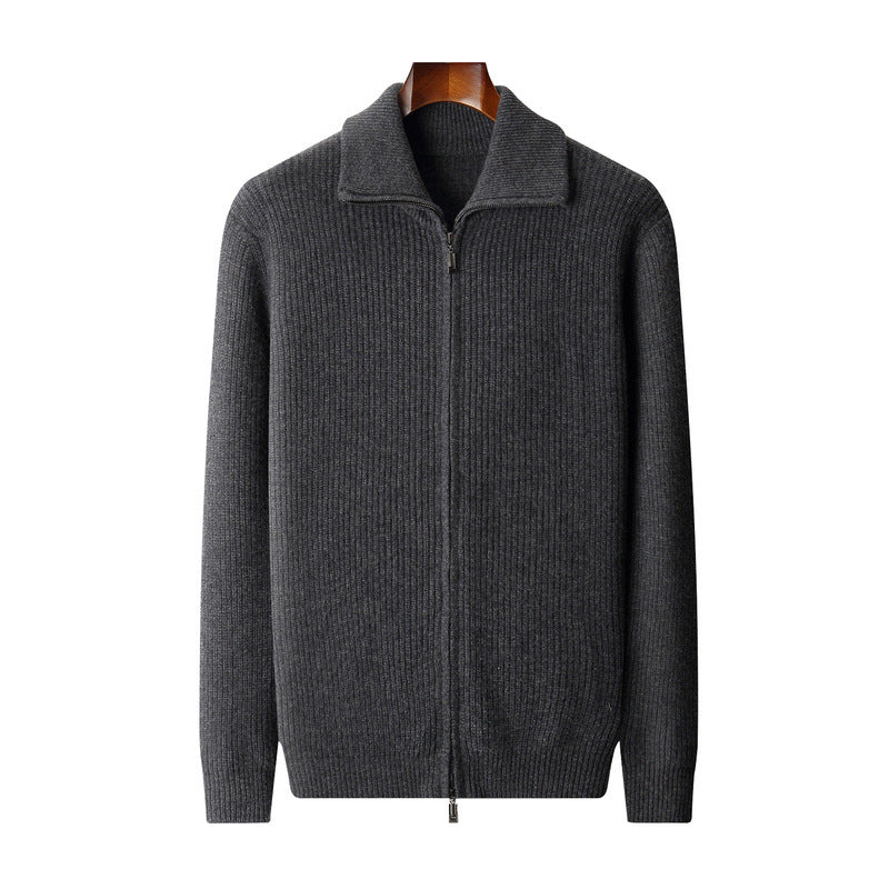 New Pure Wool Zipper Cardigan Fall Winter Men Lapel Shirt Coat